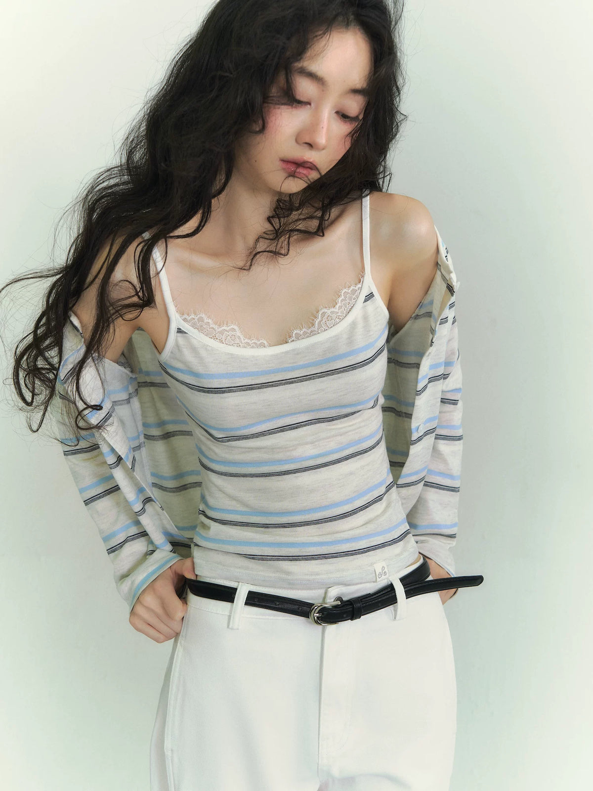 Lace Trim Stripe Cardigan Set