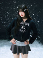 Navy Blue Retro Printed Cropped Hooded Sweatshirt