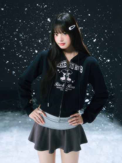 Navy Blue Retro Printed Cropped Hooded Sweatshirt