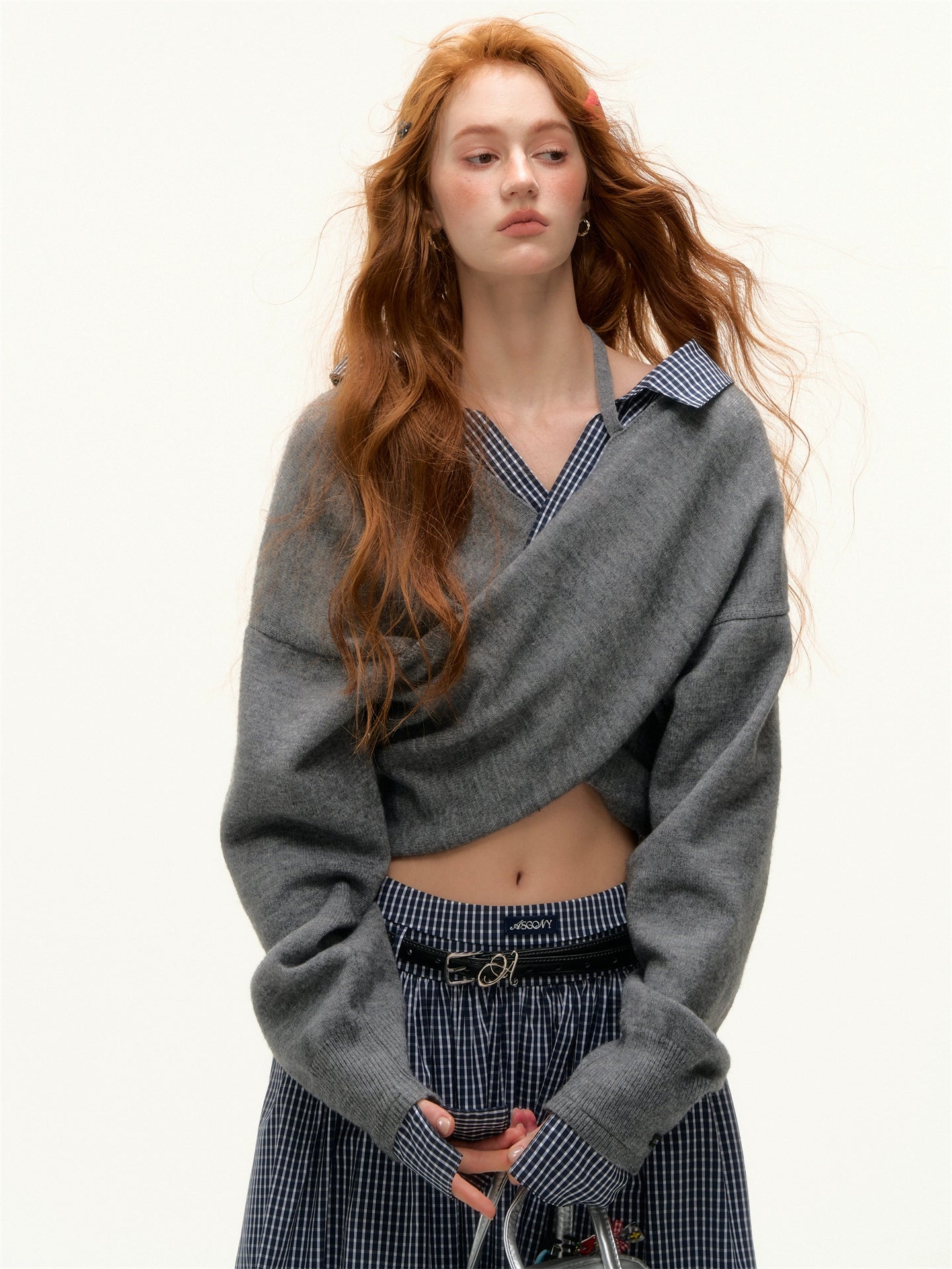Off-Shoulder Plaid Panel Cross Sweater