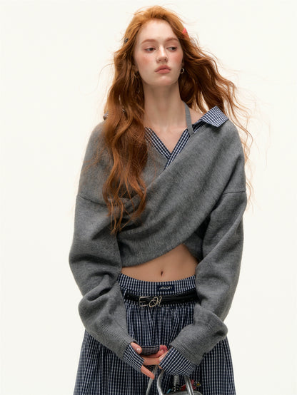 Off-Shoulder Plaid Panel Cross Sweater