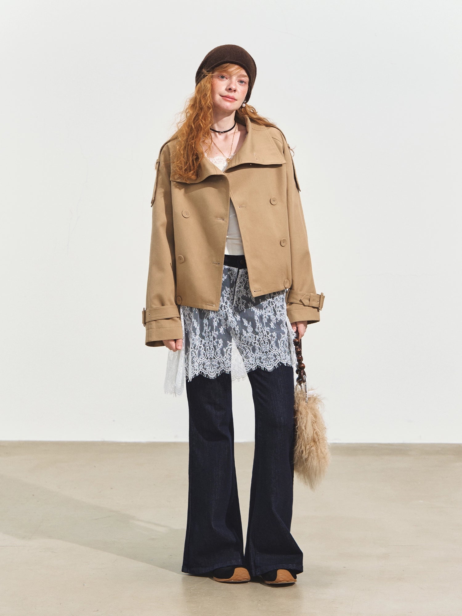 Plaid Lapel Double-Breasted Trench Coat