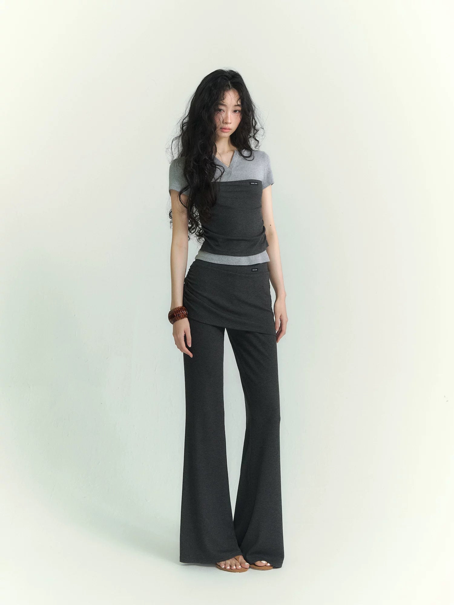 Gray Layered V Tee &amp; Pants Set