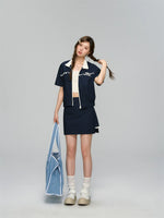 Color Blocking Lace Trimmed Short-Sleeve Outerwear & Skirt Set