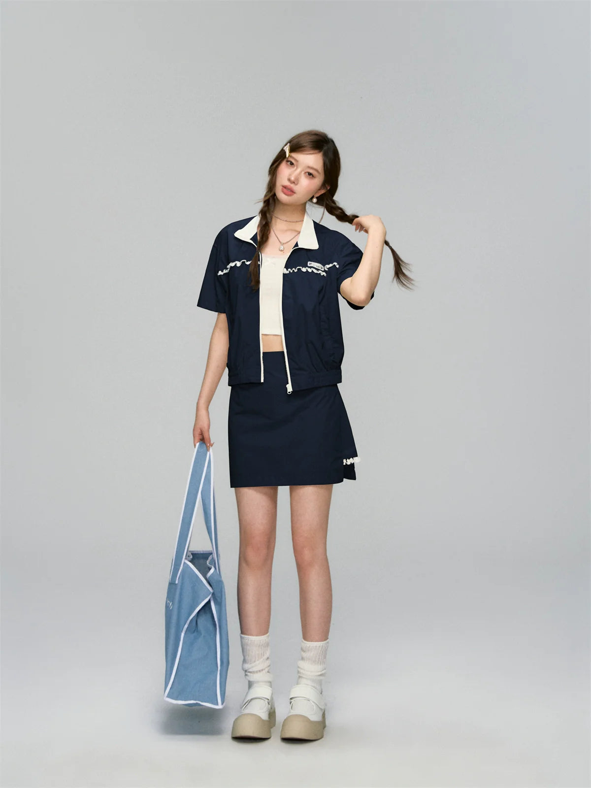 Color Blocking Lace Trimmed Short-Sleeve Outerwear &amp; Skirt Set