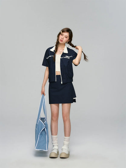 Color Blocking Lace Trimmed Short-Sleeve Outerwear &amp; Skirt Set
