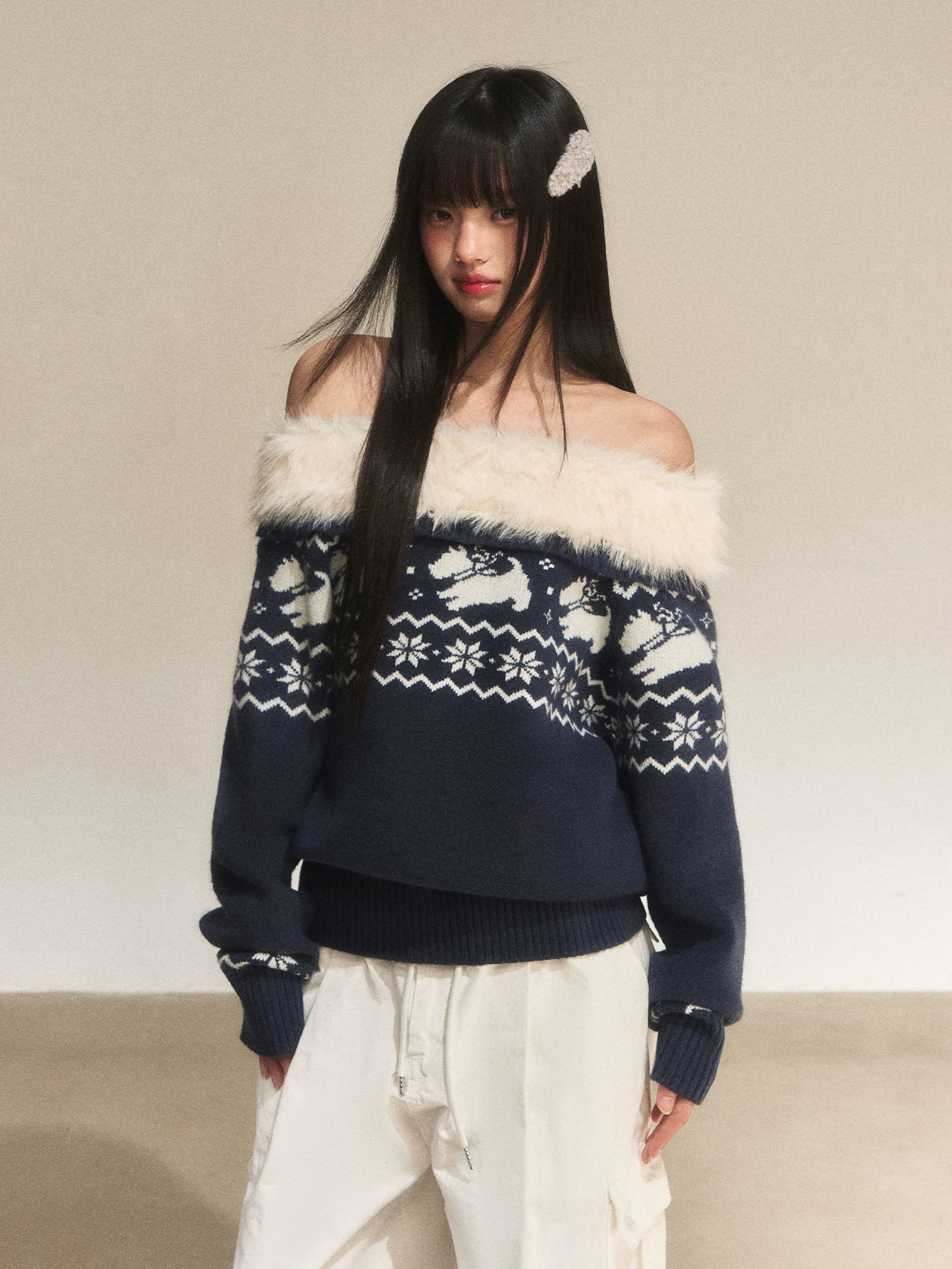 Navy Blue Fair Isle Off-Shoulder Knit Top