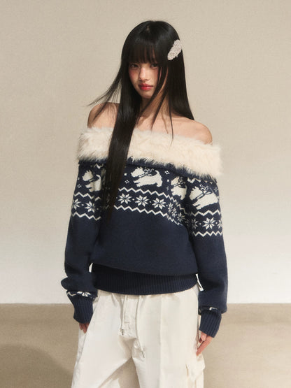 Navy Blue Fair Isle Off-Shoulder Knit Top