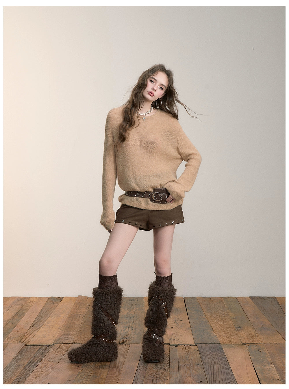 Brown Studded Faux Suede Shorts