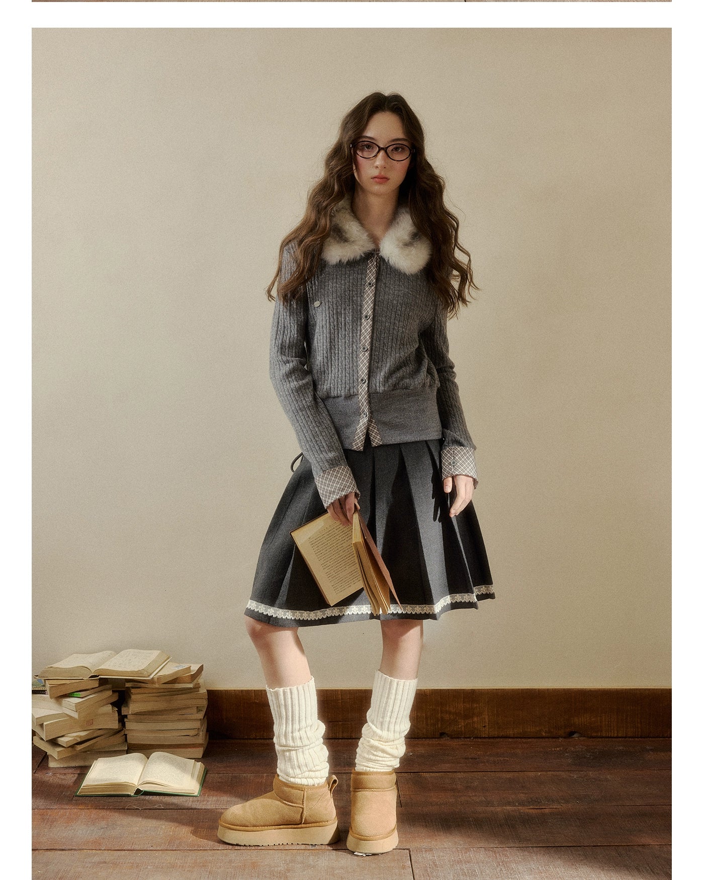 Fur-Collar Plaid Knit Cardigan