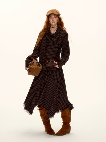 Vintage Plaid Beaded Tie-Scarf Shirt