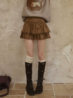 Suede Drawstring Lace Ruffle Mini Skirt