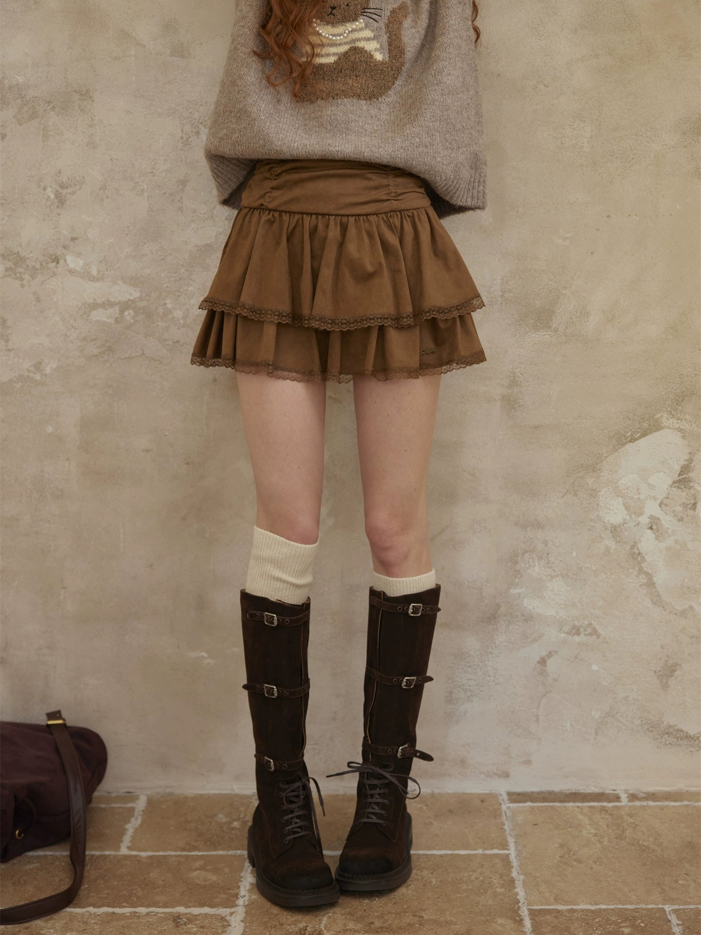 Suede Drawstring Lace Ruffle Mini Skirt