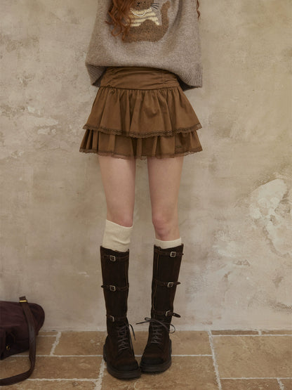 Suede Drawstring Lace Ruffle Mini Skirt
