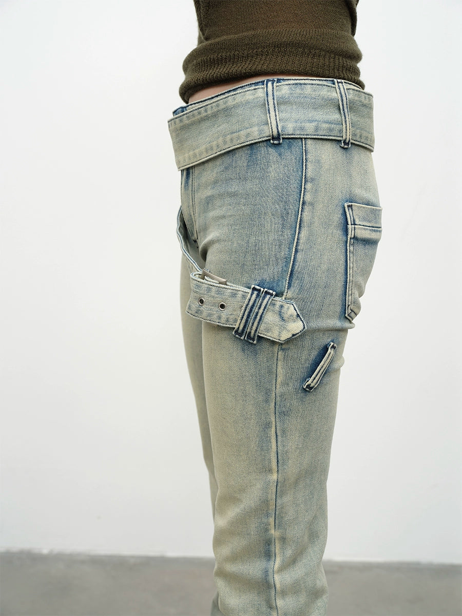 Double Waist Flared Denim Pants