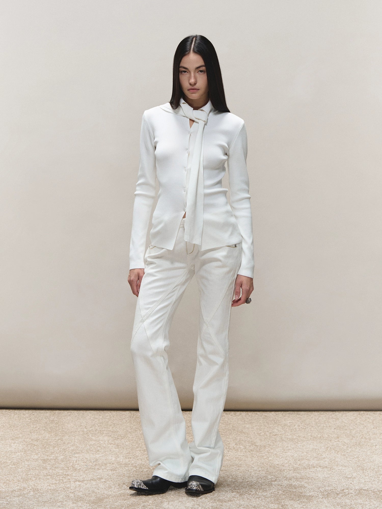 Vintage-Wash Seam-Panel White Jeans