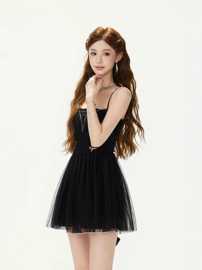 Black Ruched Mesh Mini Dress