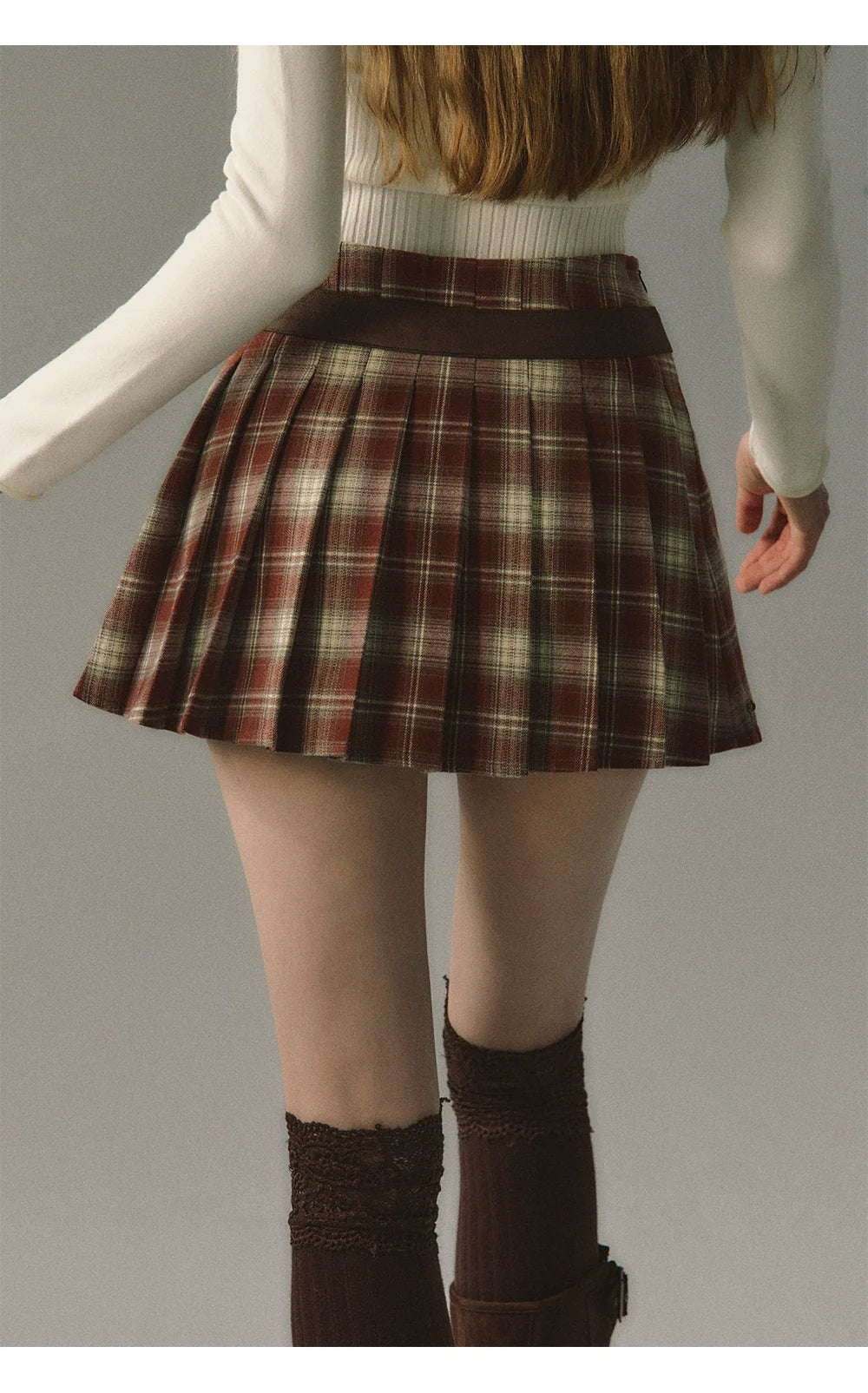 Red &amp; Coffee Plaid Pleated Mini Skirt