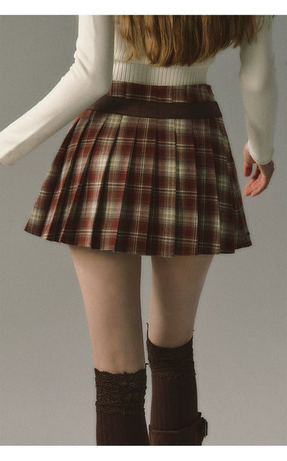 Red &amp; Coffee Plaid Pleated Mini Skirt
