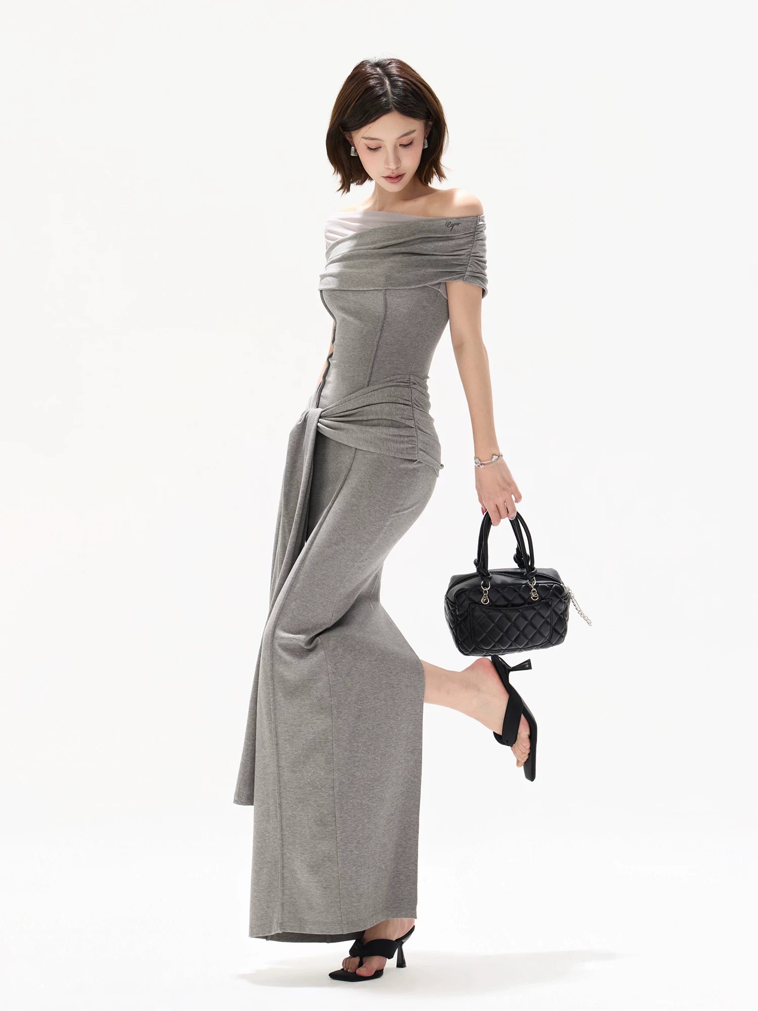 Gray Off-Shoulder Drape Dress