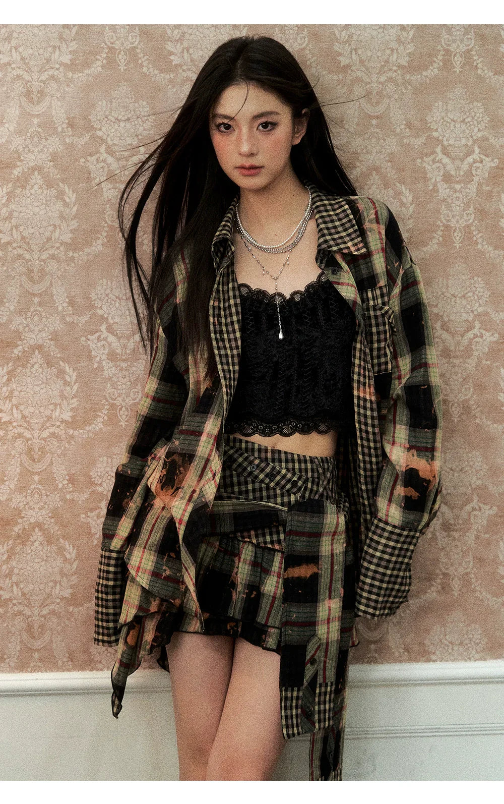 Washed Distressed Plaid Shirt &amp; Skirt Set