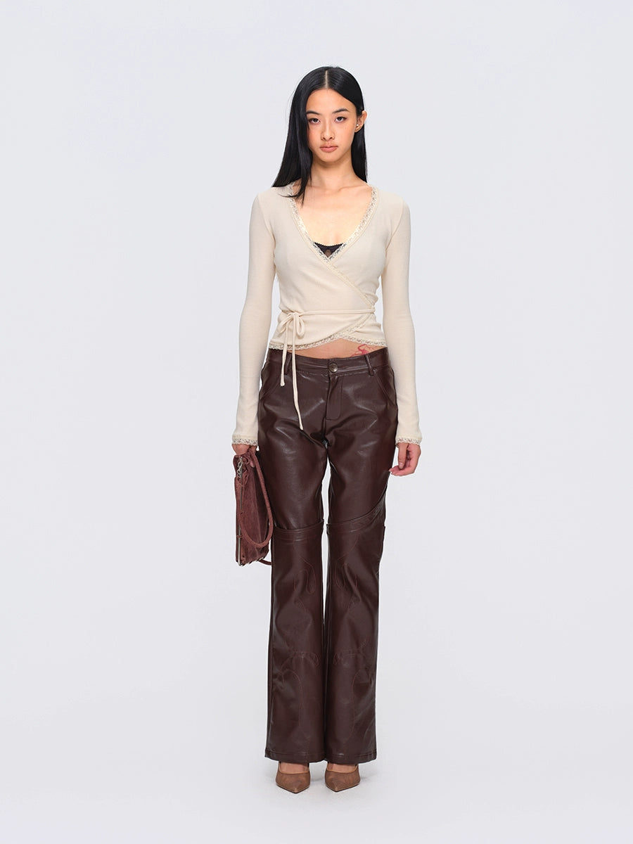 Two-Tone Lace-Trim Cross-Tie Cropped Knit Cardigan