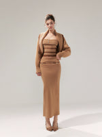 Khaki Striped Oversized Collar Knit Cardigan and Pants Set