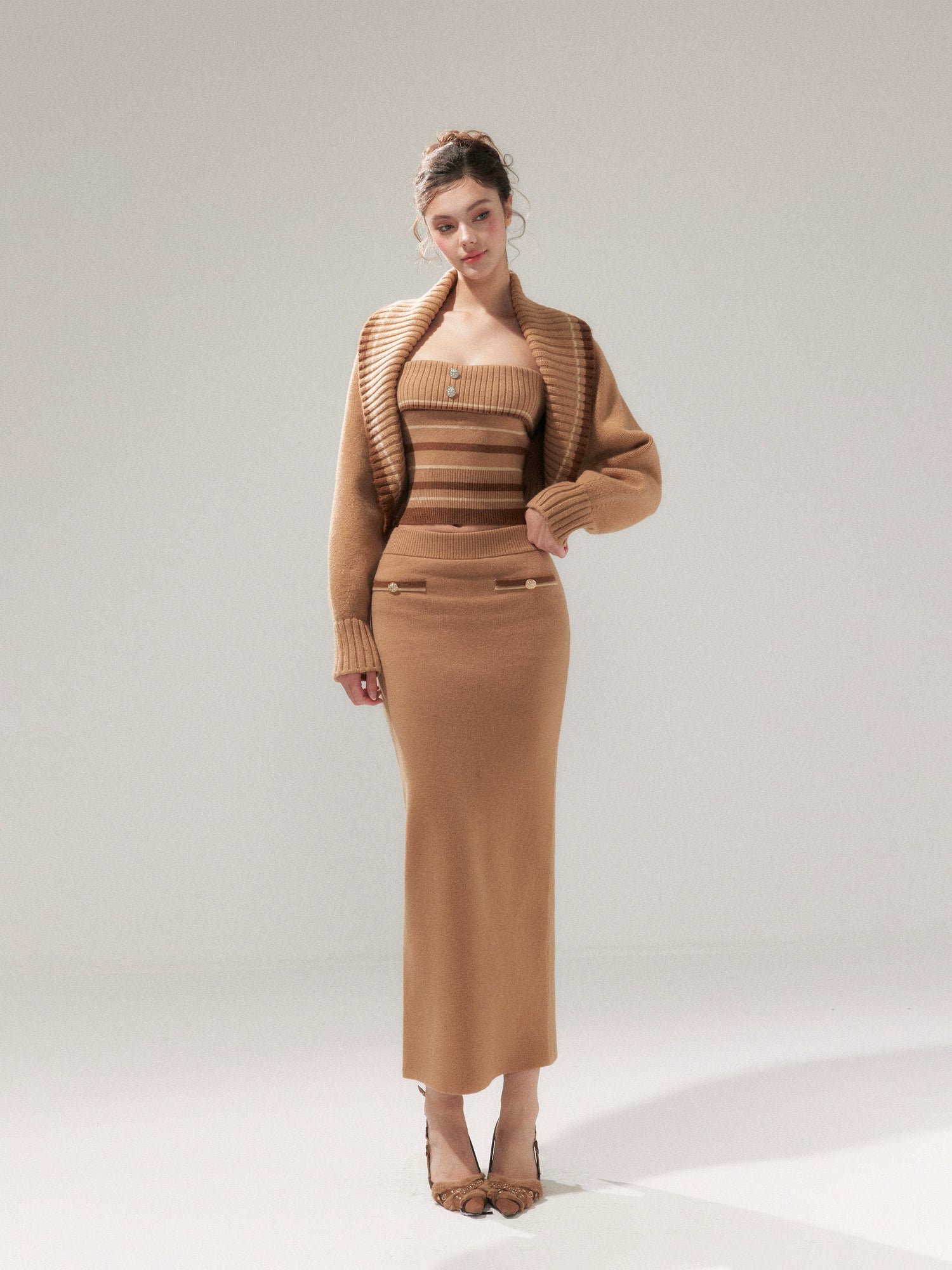 Khaki Striped Oversized Collar Knit Cardigan and Pants Set