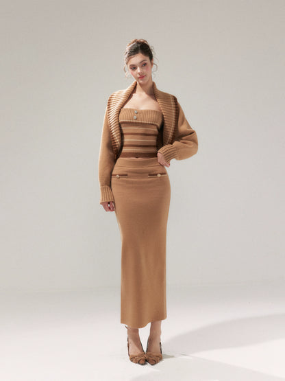 Khaki Striped Oversized Collar Knit Cardigan and Pants Set