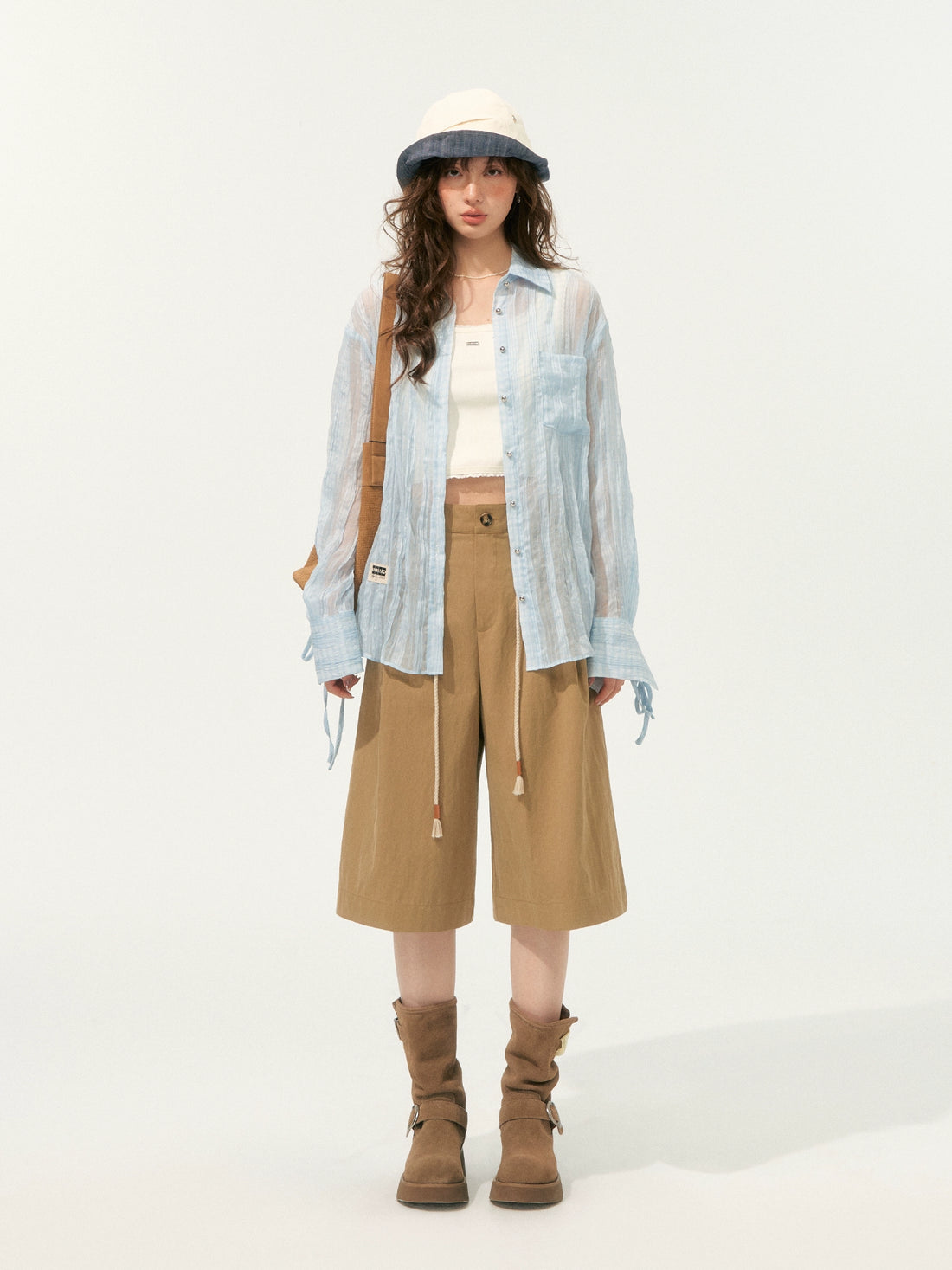 Khaki Simple 3D Pleated Shorts