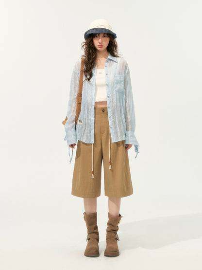 Khaki Simple 3D Pleated Shorts