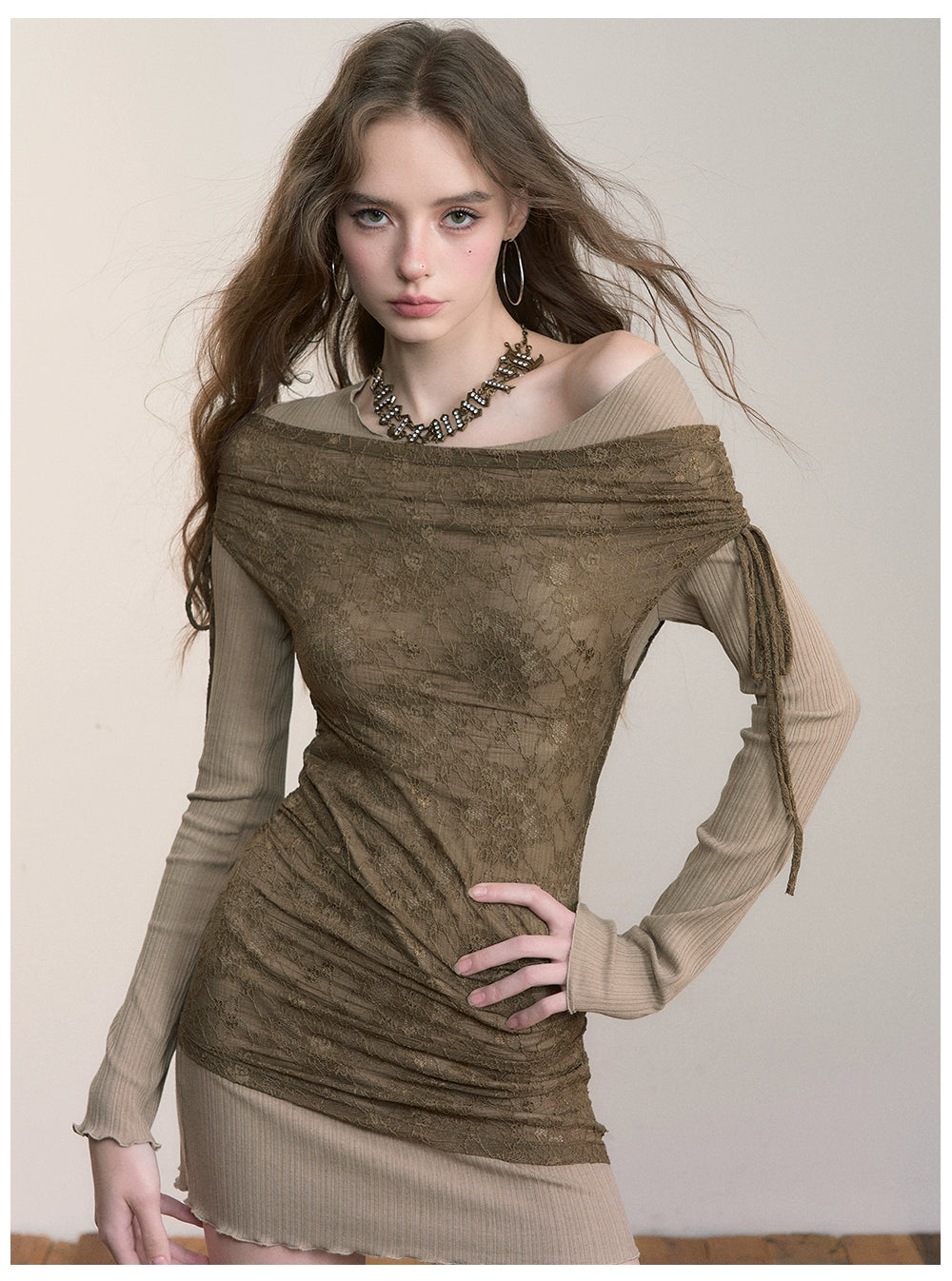 Khaki Colorblock Lace Mini Dress