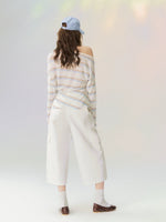 Sheer Off-Shoulder Striped Long Sleeve T-shirt