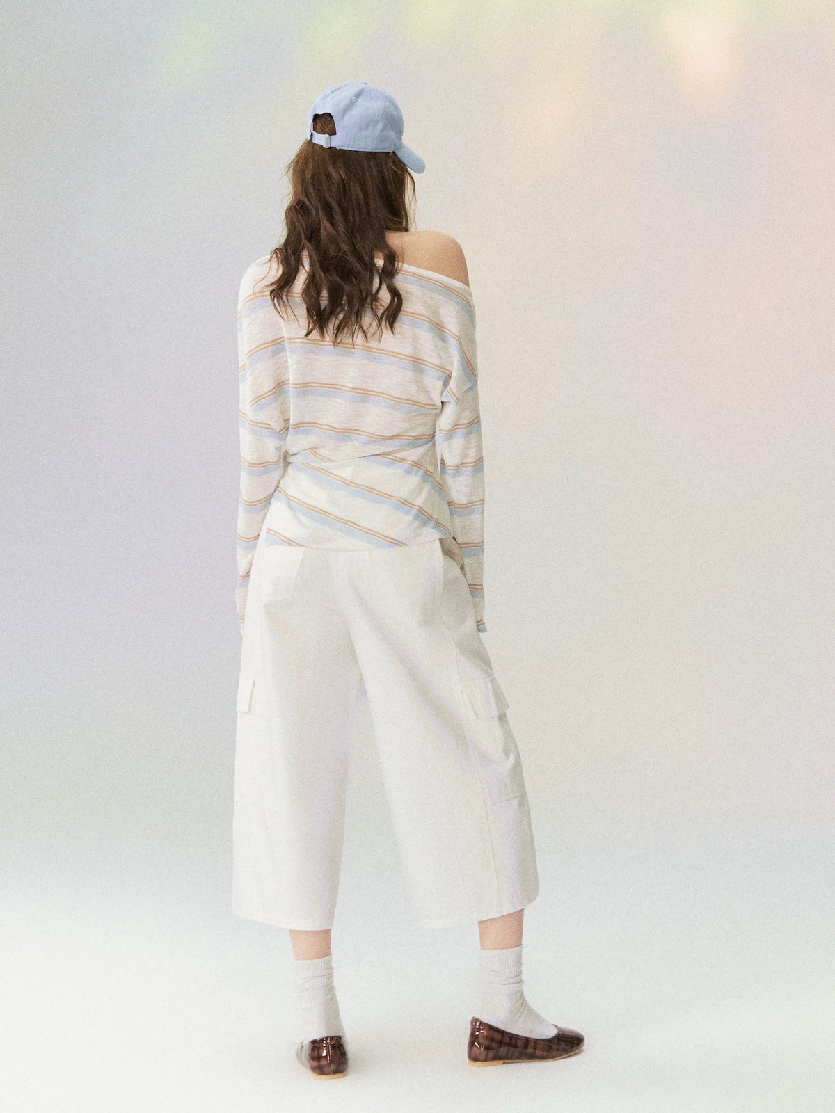 Sheer Off-Shoulder Striped Long Sleeve T-shirt