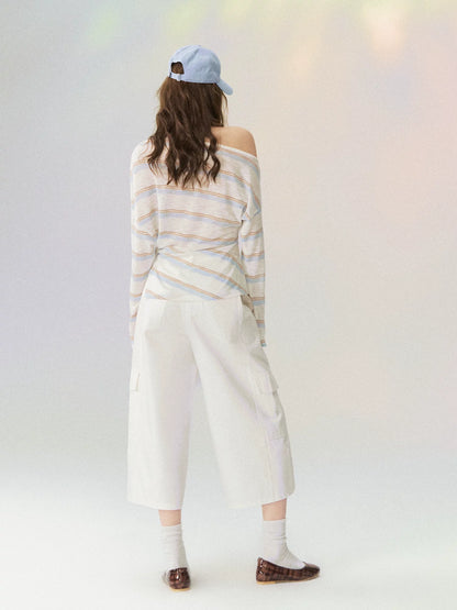 Sheer Off-Shoulder Striped Long Sleeve T-shirt