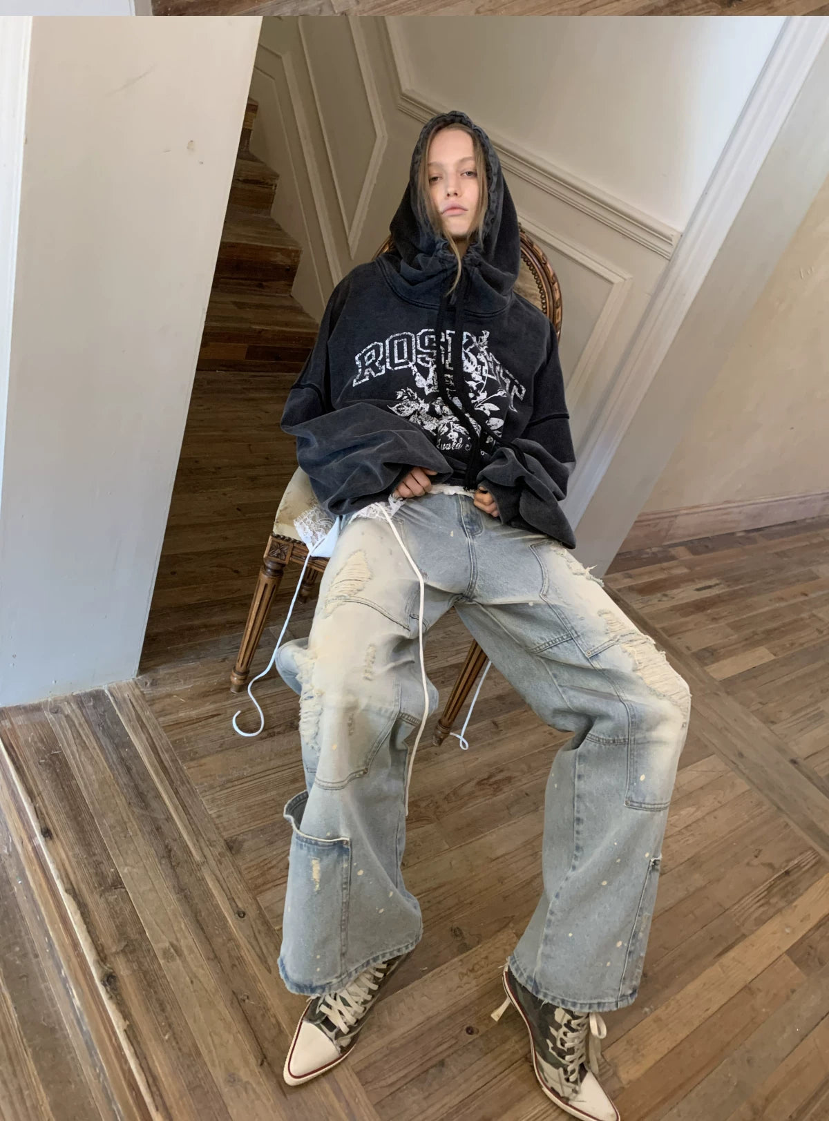 Washed Denim Straight Pants