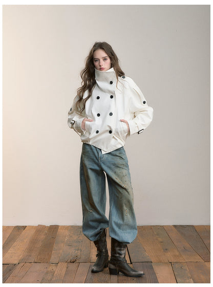 Vintage Pleated Stand Collar Jacket