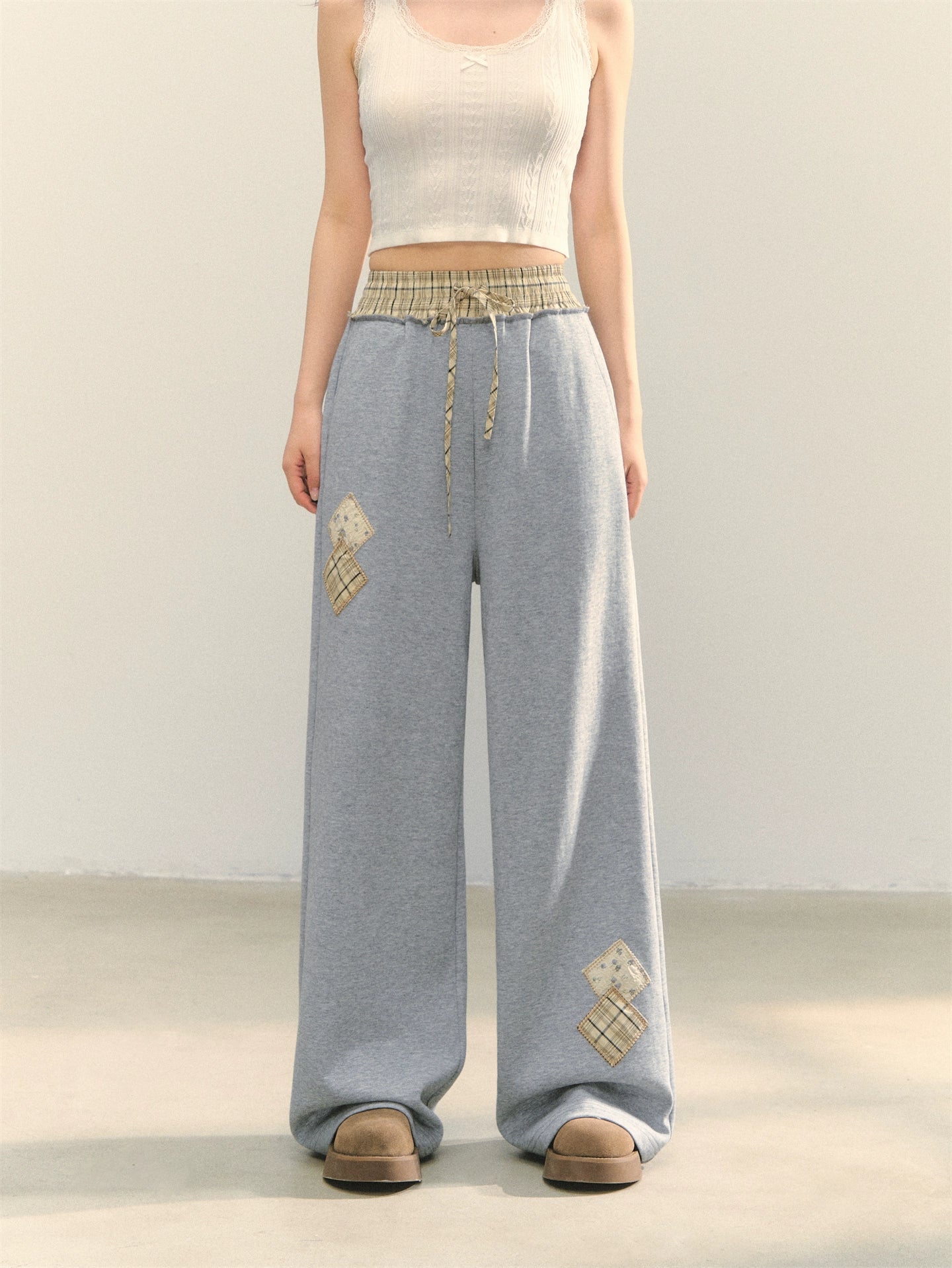 Gray Embroidered Zipper Hoodie&amp; Checkered Pants Set