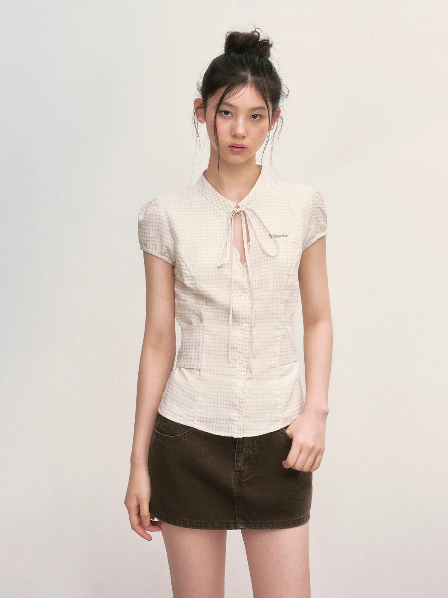 Apricot Plaid Tie-Neck Blouse