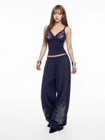 Navy Rhinestone Wide Leg Pants
