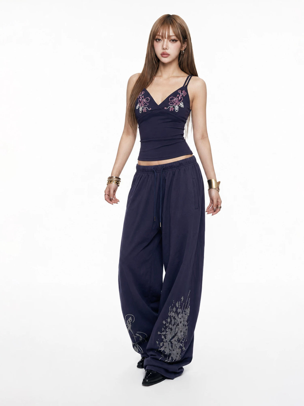 Navy Rhinestone Wide Leg Pants
