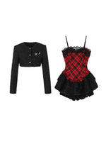 Red Plaid Lace Puff Dress Set