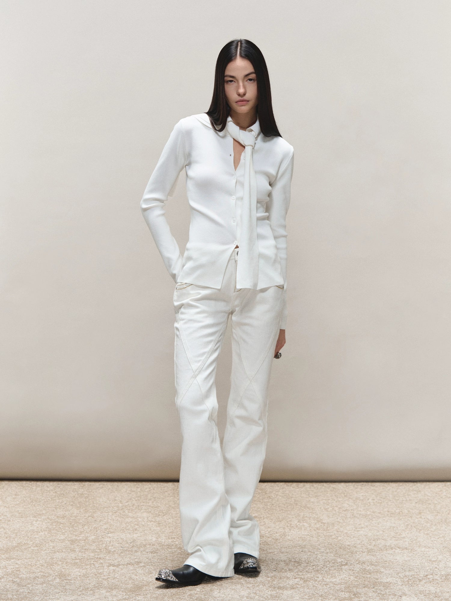 Vintage-Wash Seam-Panel White Jeans