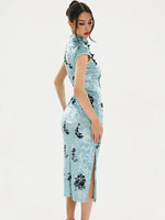 Light Blue Ink Floral Qipao Dress