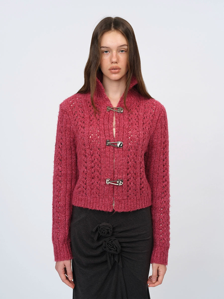Ivory &amp; Red Cutout Knit Cardigan