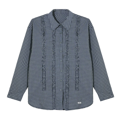 Plaid Ruffle Drawstring Pleated Shirt &amp; Sweatpants Set