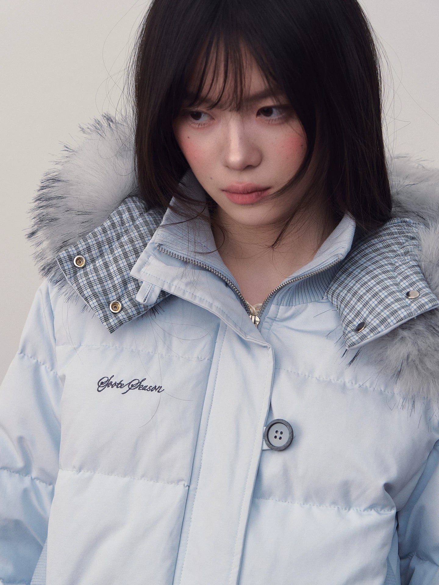 Blue Plaid Hooded Down Jacket