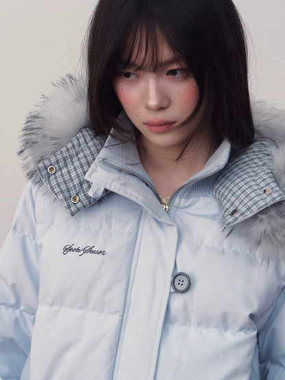 Blue Plaid Hooded Down Jacket