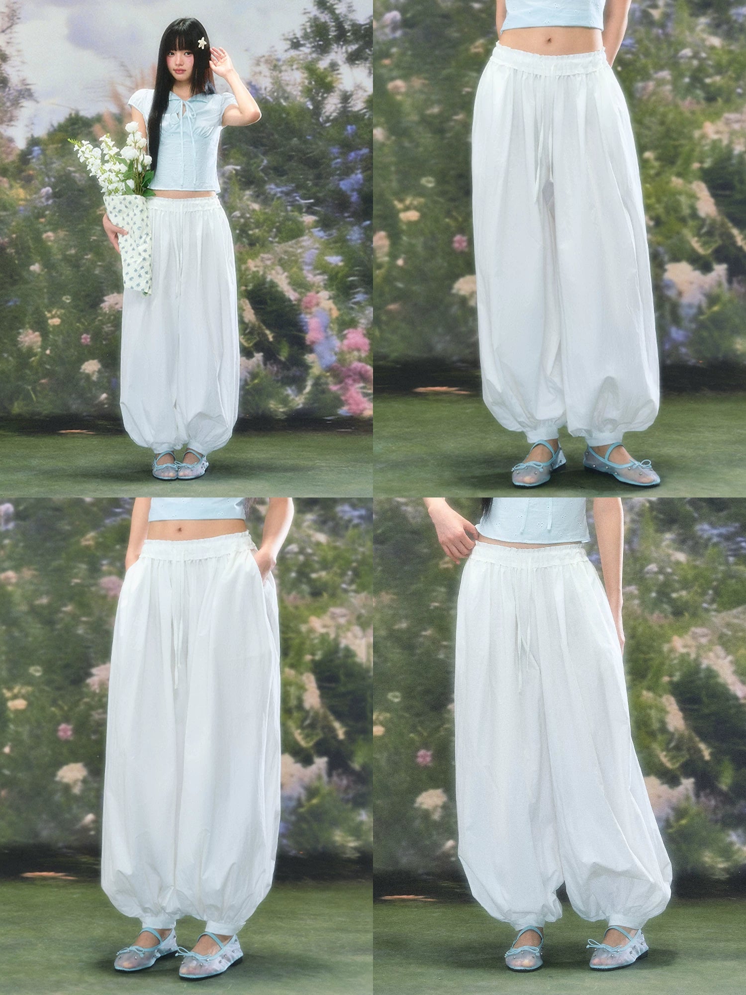 Whiite Drawstring Balloon Pants