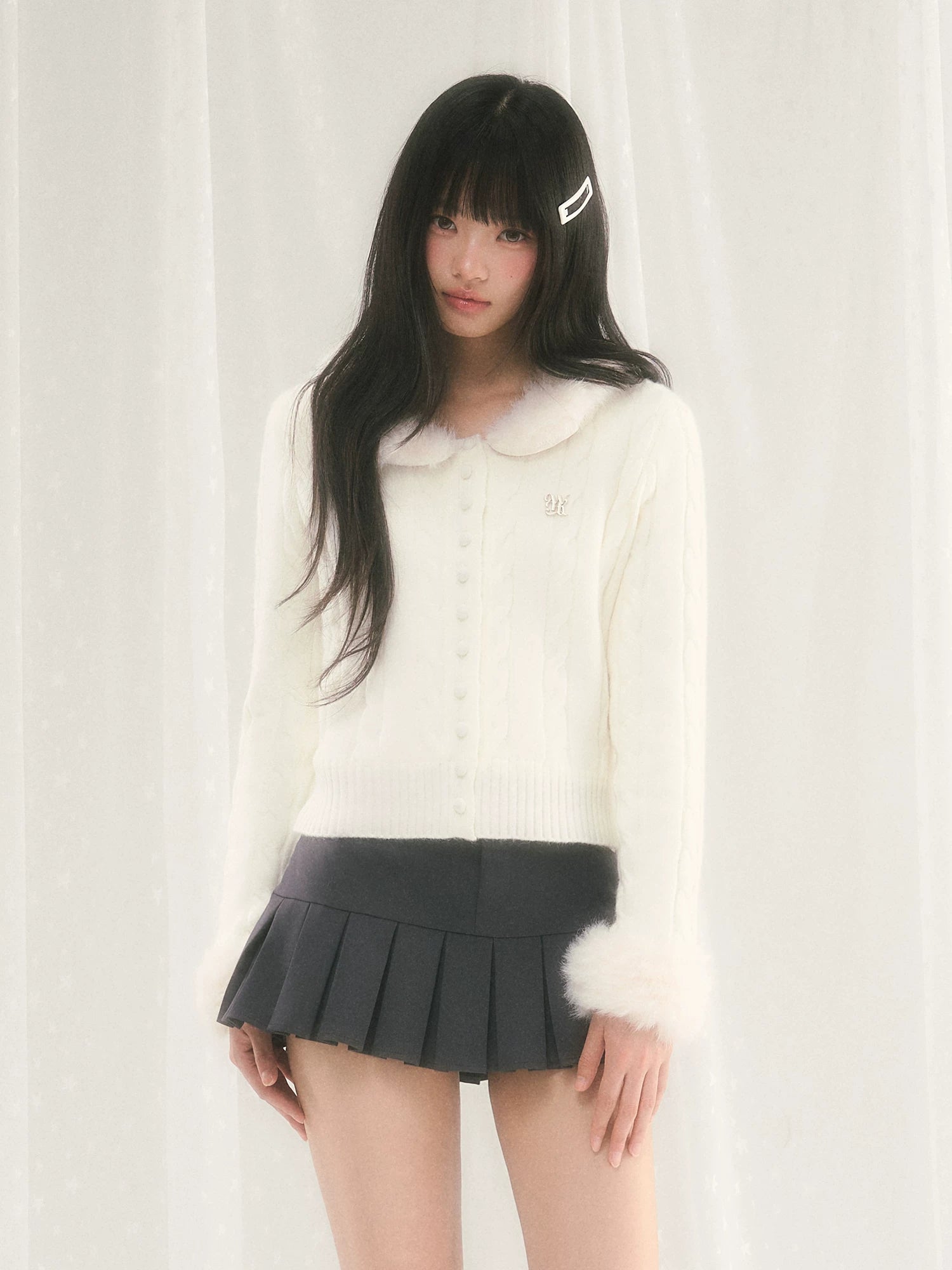 Cable Knit Fur Collar Cardigan